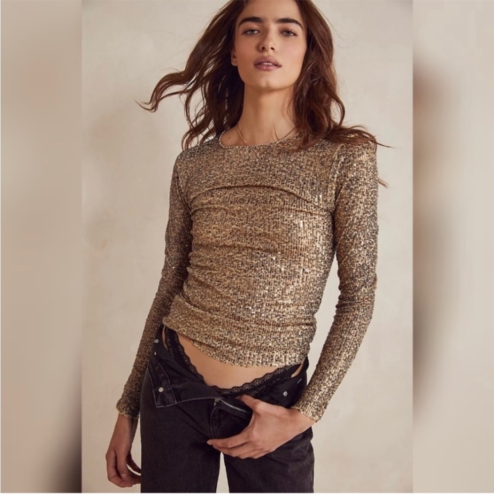 NWOT Free People gold rush long sleeve sequin top.